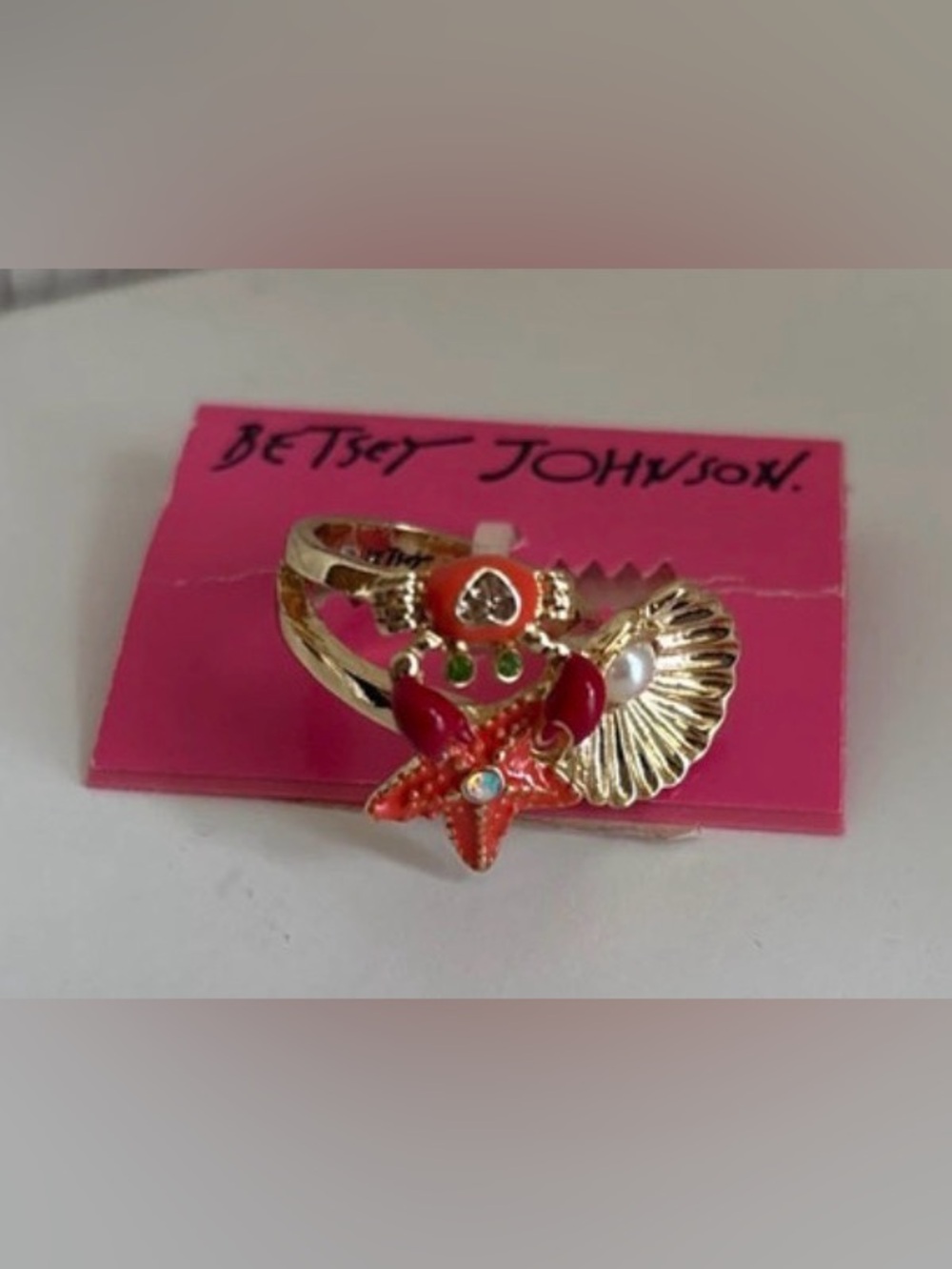 BETSEY JOHNSON Vintage Sea Life Starfish & Seashell Coastal Beach Ring NEW NWT
